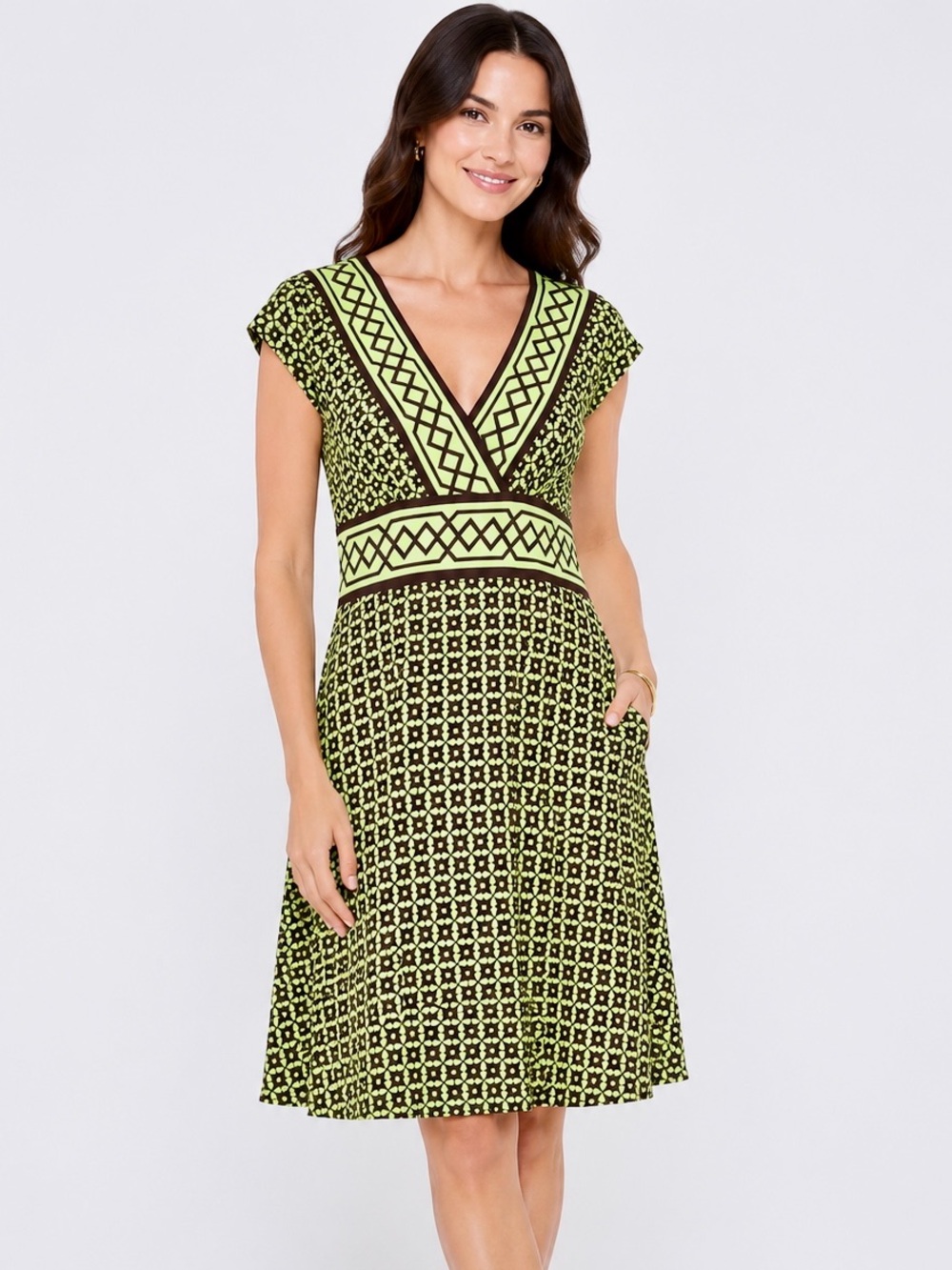Maggy London Retro Geometric Print Midi Dress Empire Waist Size 10
